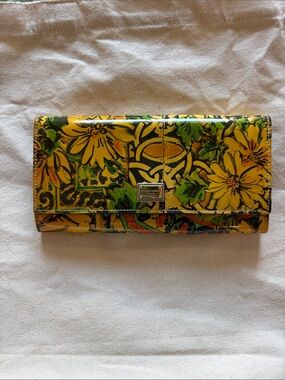 Authentic Dolce & Gabbana Yellow Floral Patent Leather Wallet with Green Accents